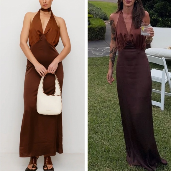 BEST The Wolf Gang Oahu Slip Maxi Halter Dress - Chocolate Brown Satin Vacation - Picture 1 of 11